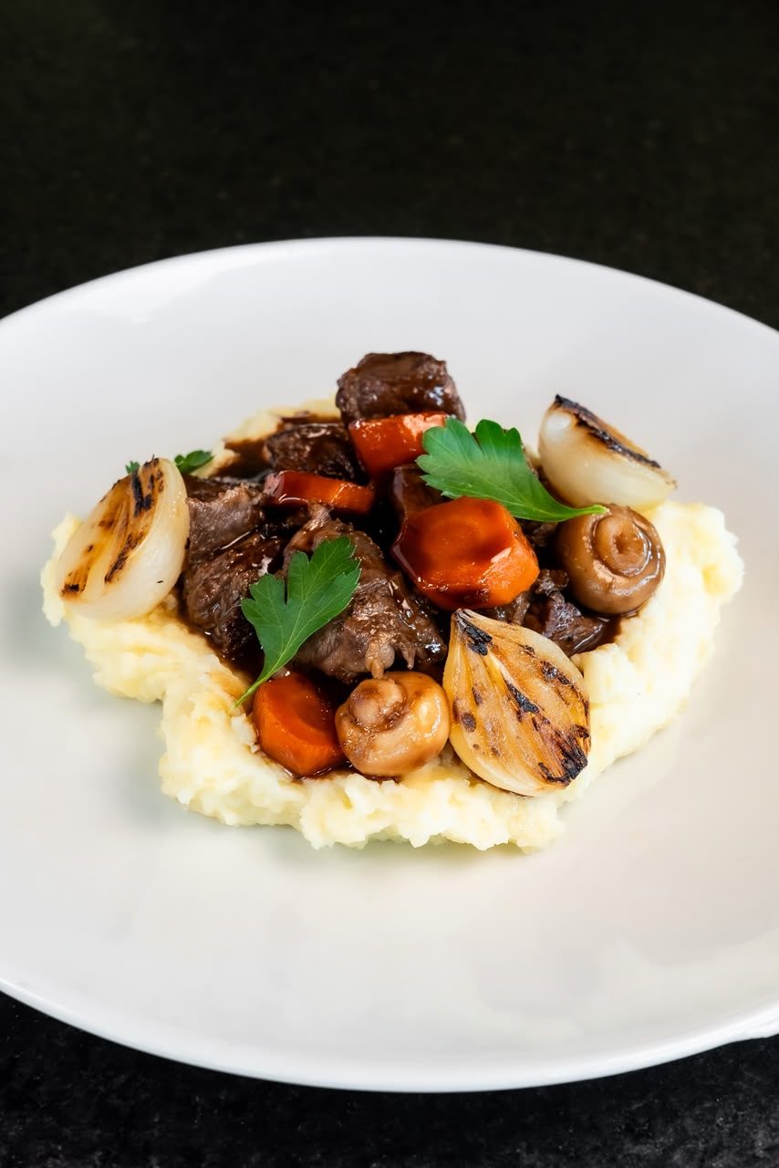 Boeuf bourguignon sobre purê com cebolas assadas e cogumelos